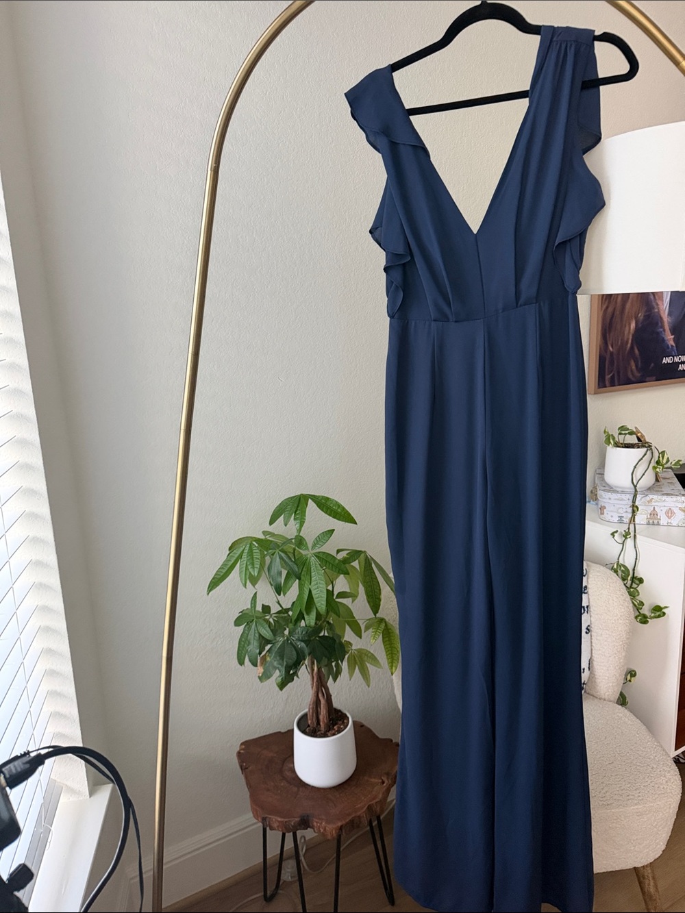 Women’s Navy V-Neck Ruffle Shoulder Jumpsuit